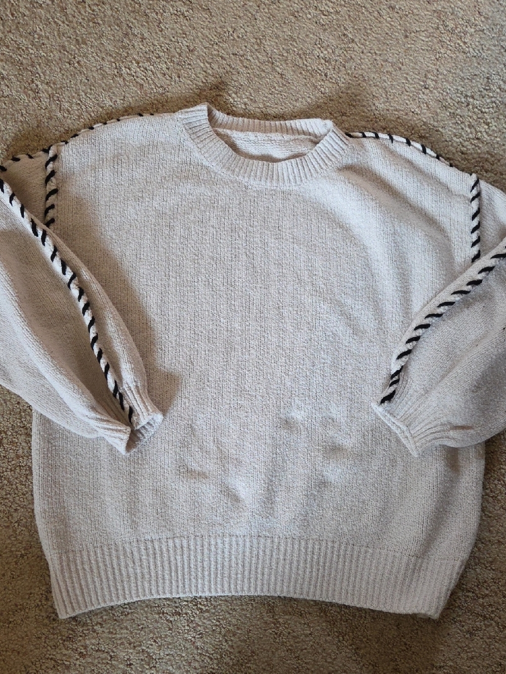 Womens Crewneck Sweater in Light Beige with Contrast Trim